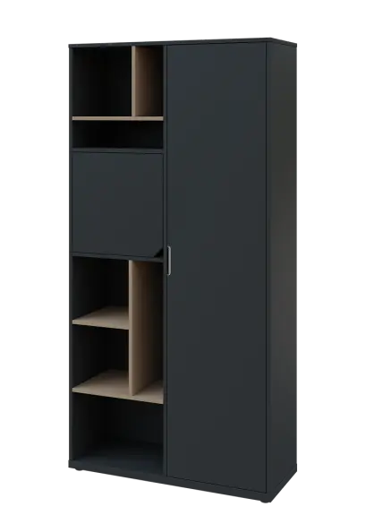 KSR6-83 P skříň šatní, 1x výsuvné ramínko, dvířka, niky, 2053x1022x400 mm, provedení pravé, korpus a dvířka antracit/police latte